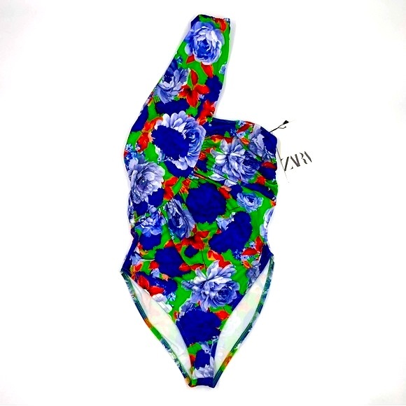 Zara Asymmetric Neckline Ruched Floral Bodysuit Blogger Fave Bold Vibrant Small - Picture 13 of 16